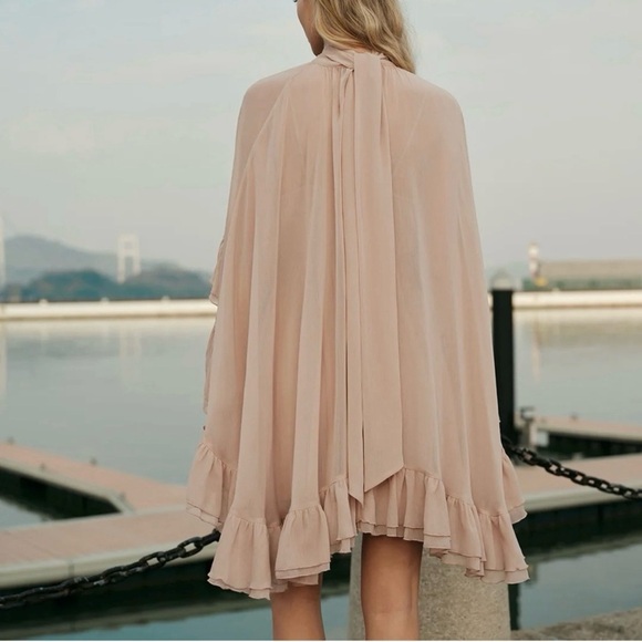 Commense Set: Pink Sheer Chiffon Cape & Semi-Sheer Ruffle Mini Dress NWT - Picture 3 of 14